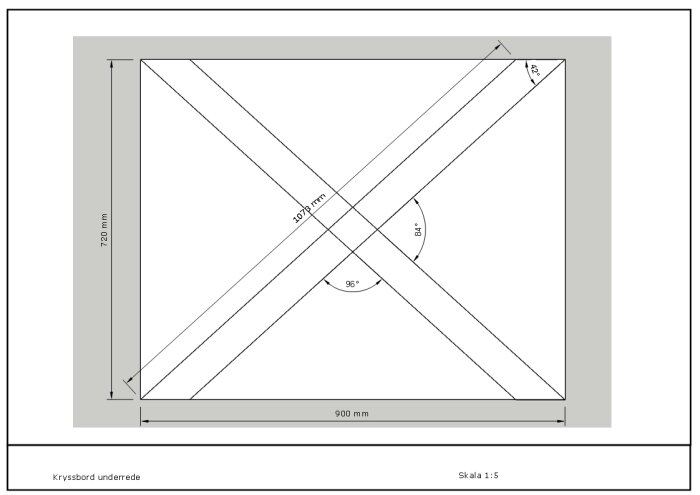 Teknisk ritning, bordunderrede, skala 1:5, måttangivelser, snedstreck, 96° och 84° vinklar, kryssformat.