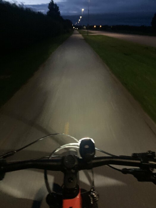 En person cyklar på en asfalterad cykelväg om kvällen med cykelns framlyse på.