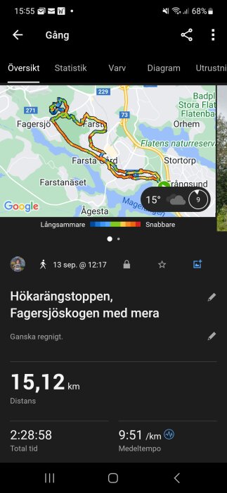 Skärmavbild av aktivitetslogg visar 15,12 km promenad runt Farsta med rutt och tid.