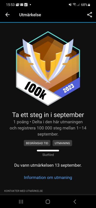 Digitalt belöningsdiplom för att ha slutfört en stegtävlingsutmaning i september 2023 med 100 000 steg.