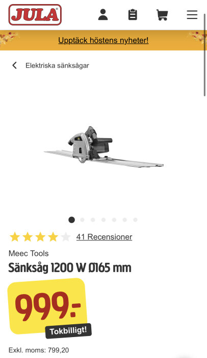 Elektrisk cirkelsåg på nätbutik, 1200 watt, 165 mm, 999 kronor, fyra stjärnor, 41 recensioner.