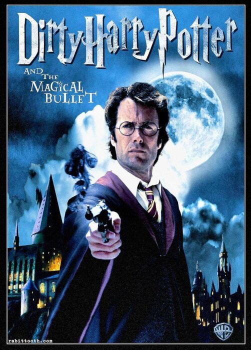 Film-parodi affisch, "Dirty Harry" möter "Harry Potter", vuxen man, pistol, trollstavseffekt, slott i bakgrunden, fullmåne.