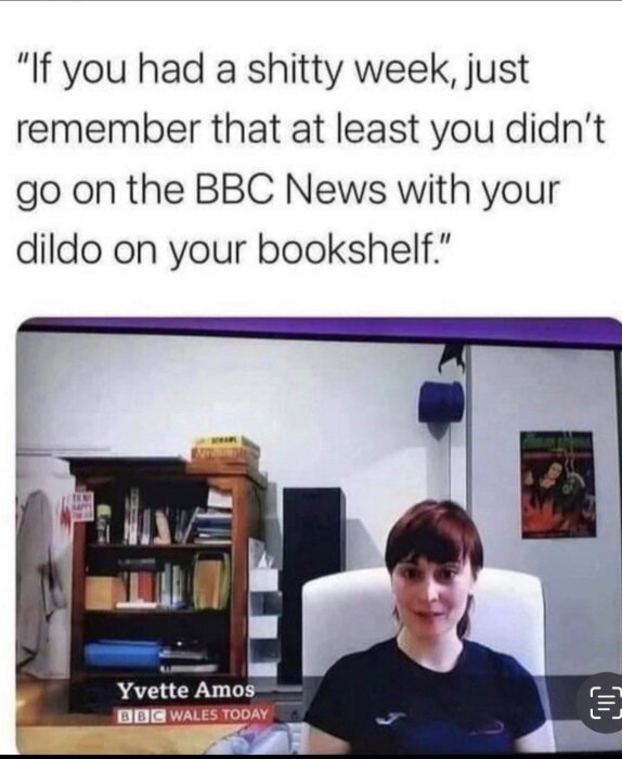Skärmavbild av en kvinna på TV med bokhylla i bakgrunden. Humoristisk text påstår pinsamt föremål i bokhyllan.
