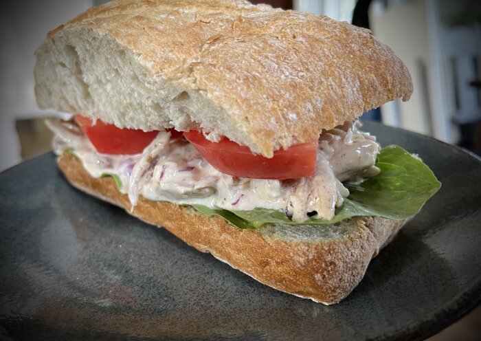 Ciabattabröd med sallad, tomat, och krämig röra, serveras på mörk tallrik. Skarpt fokus och närbild.