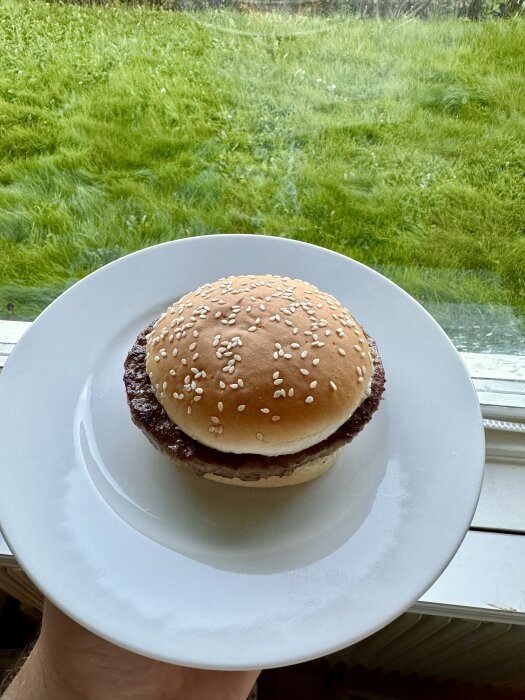 En hamburgare på en tallrik hålls framför ett fönster med utsikt över en grönskande trädgård.