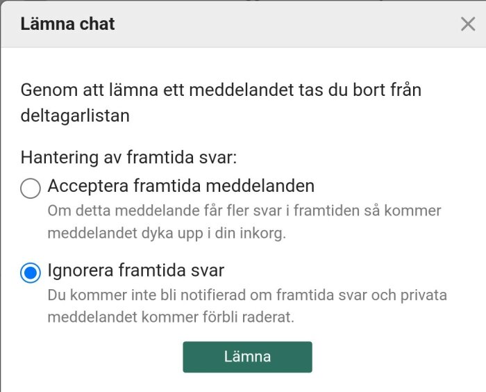 Skärmdump av dialogruta, chat-hantering, avslutar chatt, alternativ för notifieringar, svenskt språk, grönt lämna-knapp.