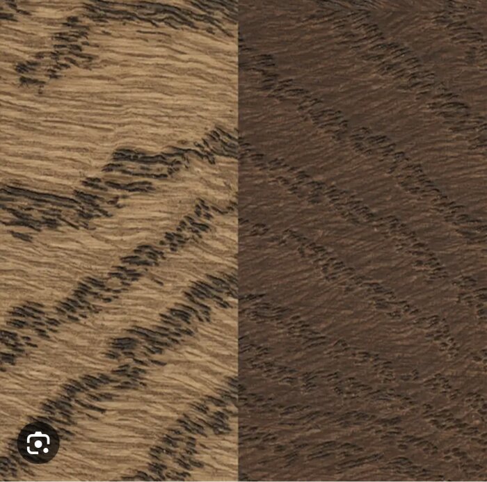 Två olika träslag eller ytstrukturer, med tydliga, distinkta mönster. Naturliga bruna toner. Möjlig texturjämförelse.