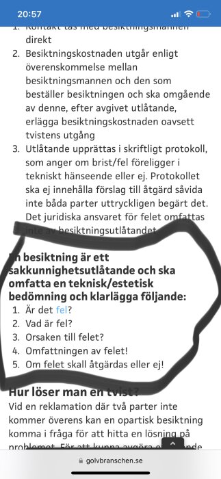 Skärm med text på svenska om besiktning, expertutlåtande, och lösning av tvister, från golvvbranschen.se.