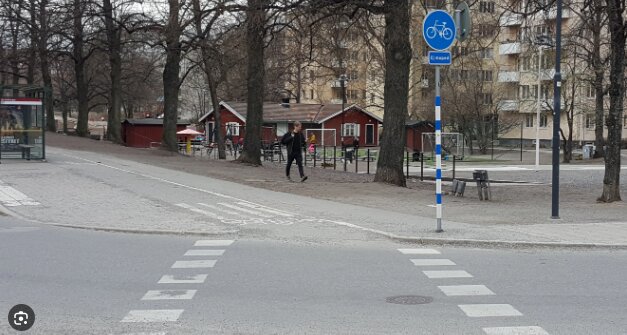 Stadsvy med övergångsställe, cykelbana, person, träd och röda byggnader i bakgrunden.