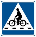 Vägmärke för cykelöverfart: silhuett av person som cyklar över ett övergångsställe, blå och vit triangel.