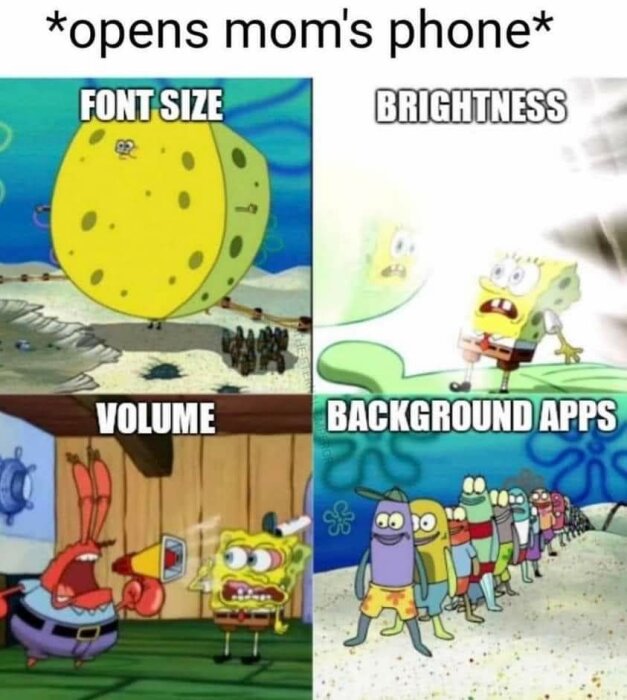 En humoristisk SpongeBob-bild som skämtsamt jämför en mammas telefoninställningar med överdrivna karaktärsuttryck.