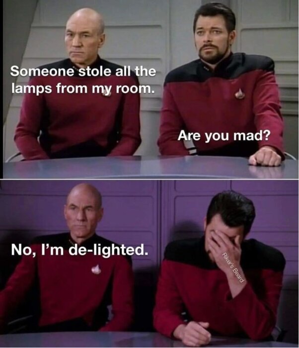 Två män i Starfleet-uniformer. Skämt om stulna lampor. Punordlek, "de-lighted." En man facepalmar. Humoristisk bild.