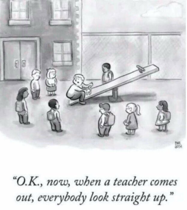 Tecknad bild: barn samspelar vid gungbräda, planerar skämt mot lärare, gråskala, humoristisk ton.