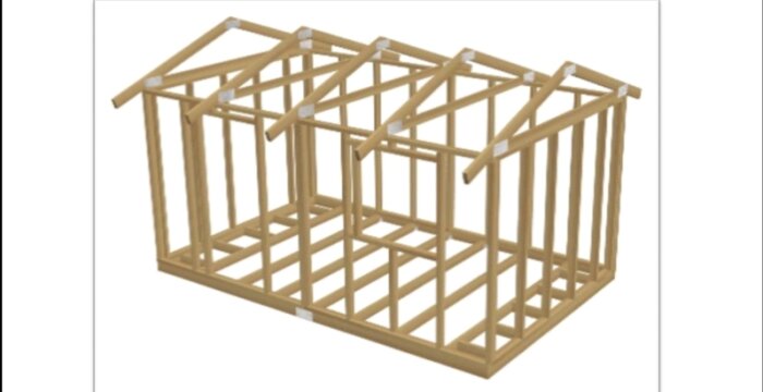 Träkonstruktion, stomme för byggnad, obeklädd, enkel husmodell, skelettstruktur, 3D-illustration, arkitektur, design.