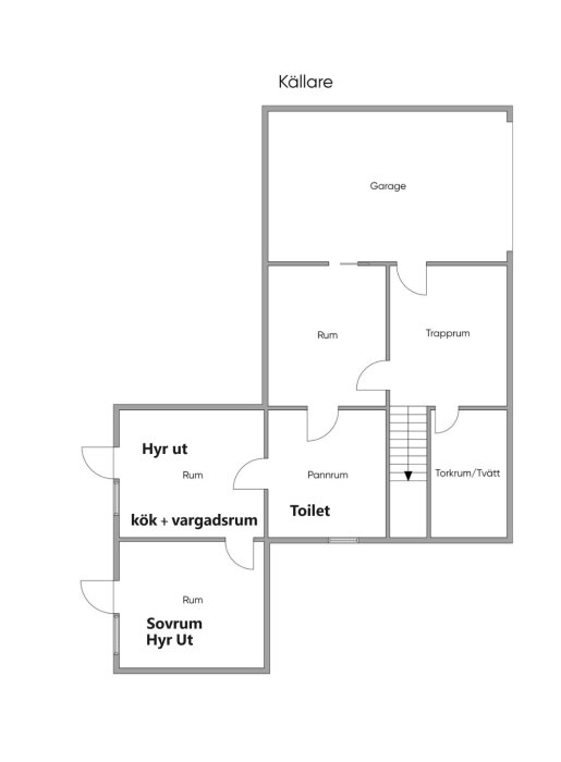 Planritning av en källare med garage, rum, kök, toalett och uthyrningsdelar markerade.