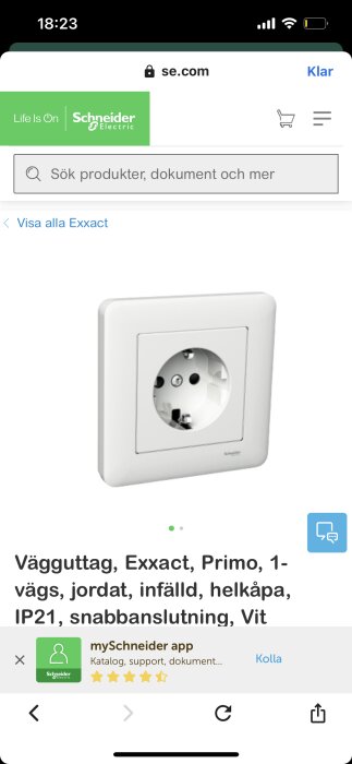 Skärmdump av webbsida som visar vit vägguttag, Exxact Primo, jordad, infälld, från Schneider Electric.