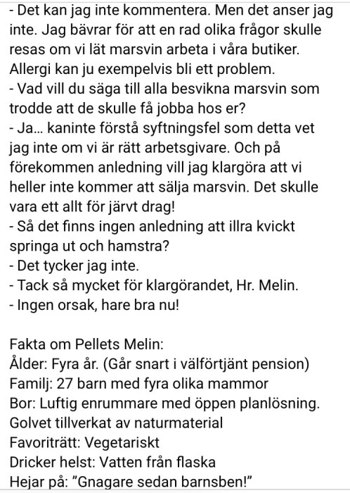 Textintervju om marsvin i butik, humoristiskt. Faktabox om "Pellets Melin" med ålder, familj, boende och preferenser.