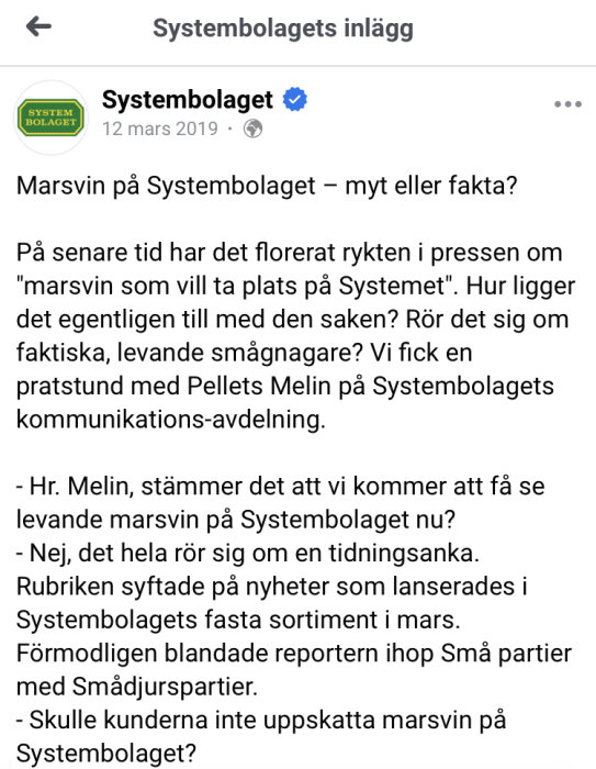 Skärmdump från Facebook, Systembolagets inlägg om marsvin-rykten, förklarar missförstånd, textbaserat innehåll.