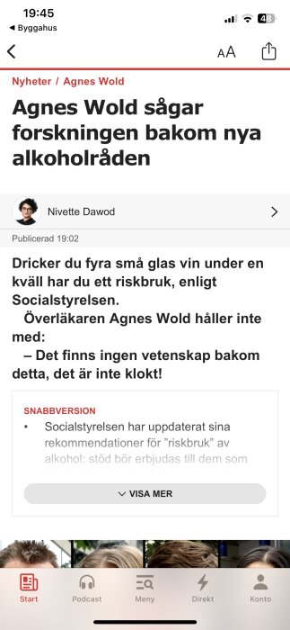 Artikel om Agnes Wold som kritiserar alkoholråd, skärmbild av nyhetssida i mobiltelefon.