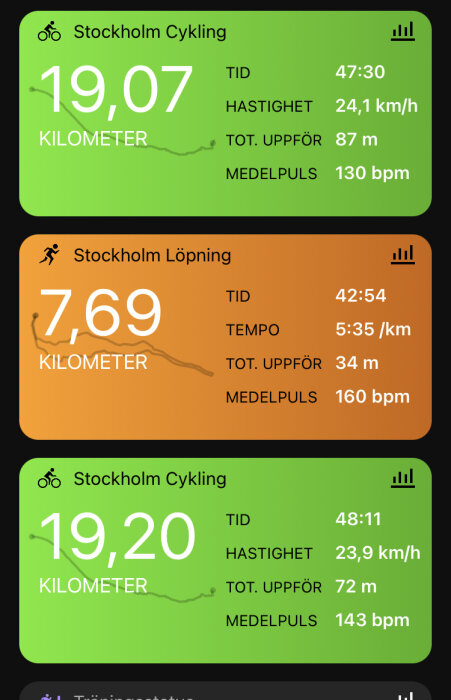 Fitnessapp visar cykel och löpaktiviteter med sträcka, tid, hastighet, höjning och puls i Stockholm.