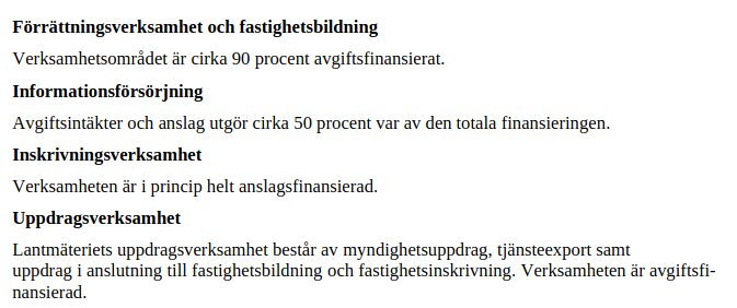 Text på svenska som beskriver finansiering av verksamheter relaterade till fastigheter och informationshantering.