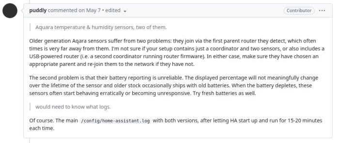 Skärmdump av en GitHub kommentar, diskuterar problem med Aqara sensorer och lösningar kring nätverksanslutning och batteri.