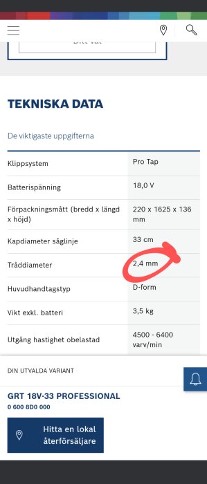 Skärmbild av tekniska data för en produkt, med markerad text "2,4 mm".