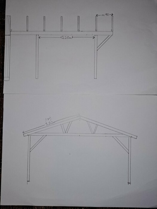 Två tekniska ritningar av en träkonstruktion med måttangivelser; en elevationsvy och en vy i perspektiv.