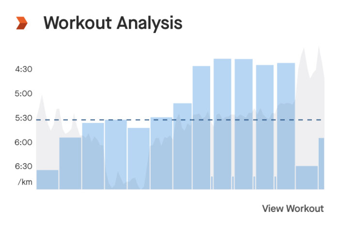 Träningsanalys, stapeldiagram, tidsåtgång per kilometer, variabel prestation, "View Workout"-knapp.
