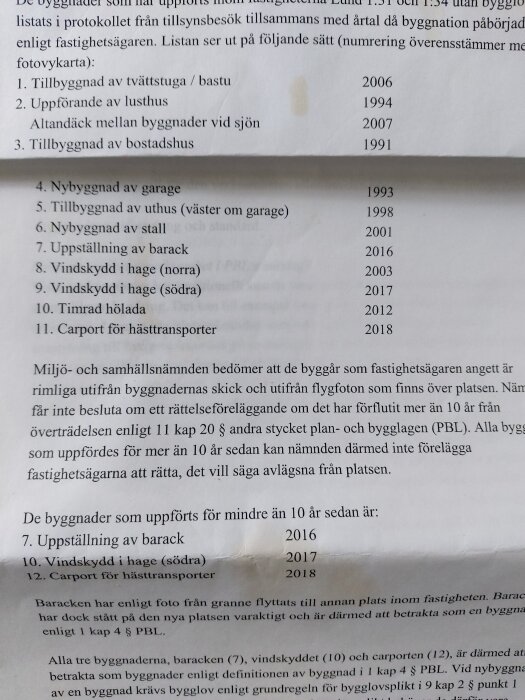 Dokument som listar byggnationer med årtal, diskussion om byggnadsregler och bygglov enligt svensk lagstiftning.