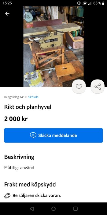 Verktygsmaskin (rikt och planhyvel) till salu, måttligt använd, i verkstadsmiljö, prissatt till 2000 kronor.