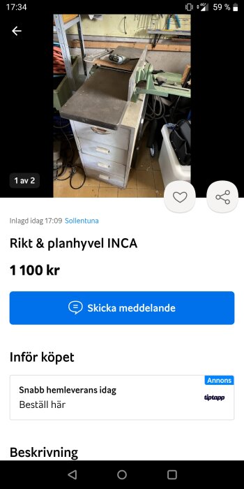 Verktygsmaskin för träbearbetning, använt skick, INCA rikt- och planhyvel till salu online för 1100 kronor.