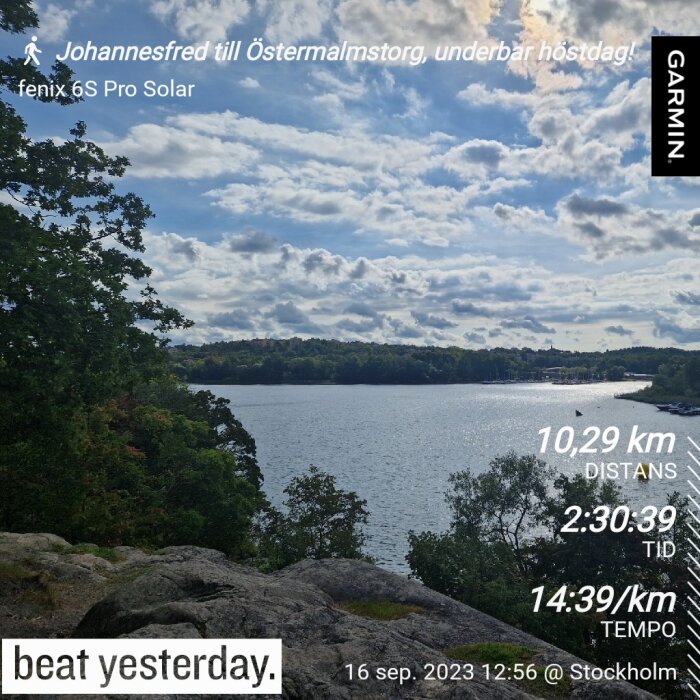 Molnig himmel, träd, vatten, klippa, aktivitetsdata från Garmin-enhet, "underbar höstdag", Stockholm.