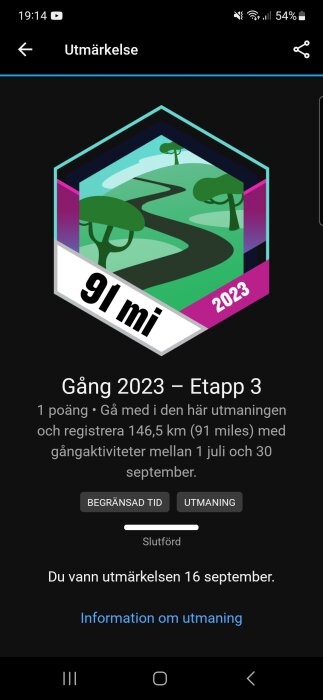 Mobilskärmdump av utmärkelse för genomförd gångutmaning på 146,5 km under juli-september 2023.
