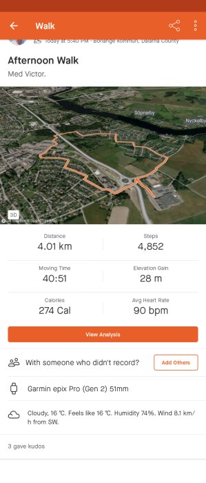 Activity tracking skärmbild: eftermiddagspromenad, 4,01 km, 4852 steg, Borlänge kommun, med Victor.