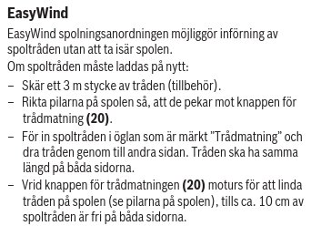 Instruktioner för trådmatning i en EasyWind spolningsanordning; inkluderar steg för laddning av spoltråd.