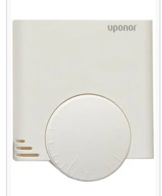 Vit, kvadratisk enhet med cirkelformad vridreglage, Uponor-varumärke, möjligtvis en termostat eller regleringspanel.