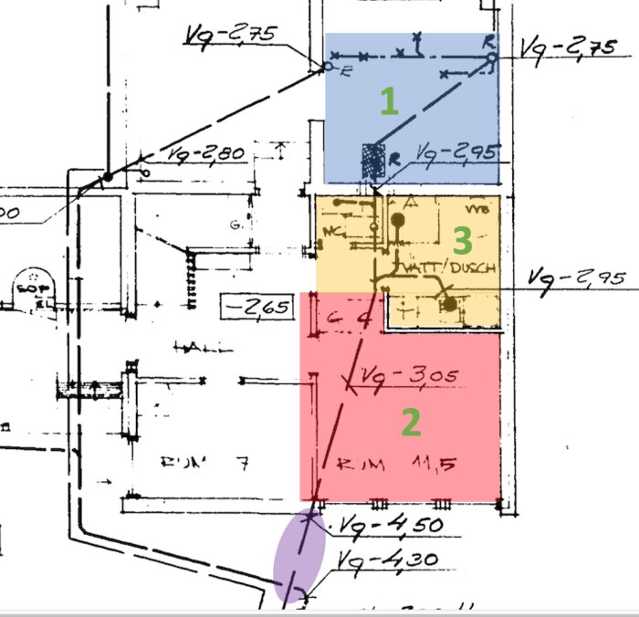 Arkitektonisk planritning, färgkodade ytor, dimensioneringsnoteringar, rumsnummer och inredningsdetaljer.