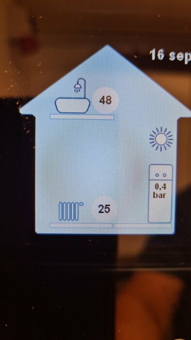 Digital display showing house-shaped icon with temperature and pressure readings.