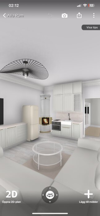 Vit interiör, kök, kamin, kylskåp, soffa, takfläkt i en app med gränssnitt.