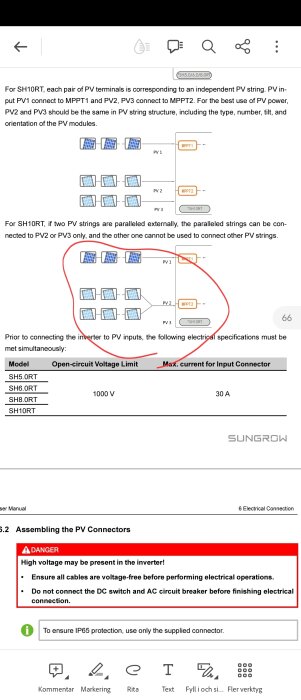 Solpanelanslutningar, instruktionsmanual, säkerhetsvarningar, elanslutningsdiagram, produktmodellinformation, varumärket Sungrow.