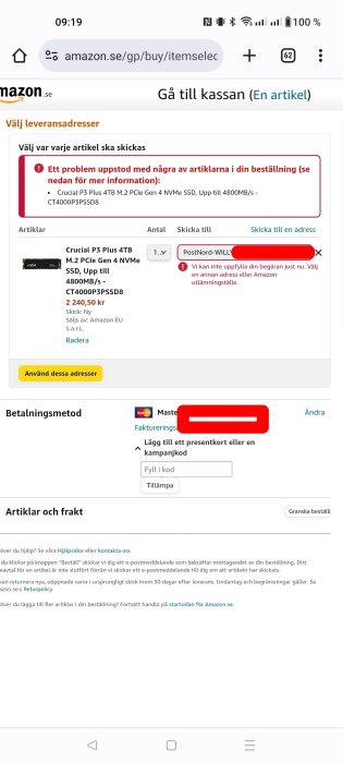 Skärmdump av Amazon.se kassasida med felmeddelande för leveransadress och produkt i varukorgen.