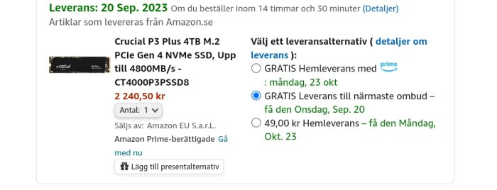 Skärmdump från Amazon, Crucial SSD 4TB, leveransalternativ, pris 2240,50 kr.