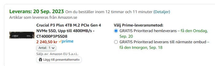 4TB SSD på Amazon.se för 2240,50 kr, Prime-leverans, leveransdatum 20 september 2023.