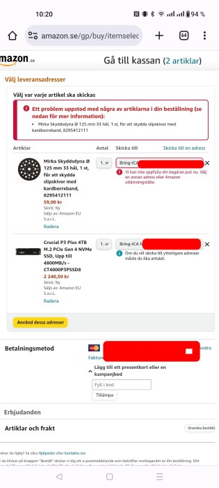 Skärmdump från Amazon.se varukorg med ett problemmeddelande och två produkter i kassan, inkluderande priser och fraktalternativ.