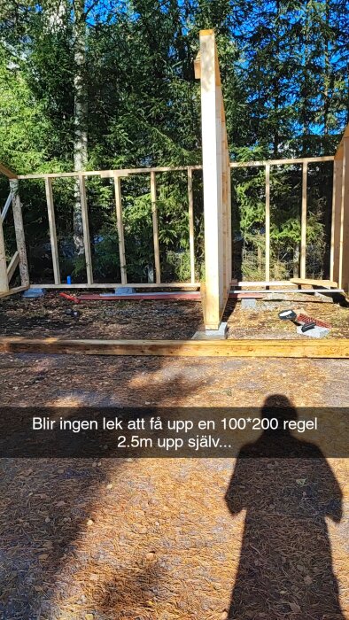 Träkonstruktion under uppbyggnad i skogsmiljö med verktyg på marken, text beskriver utmaning med träregel.