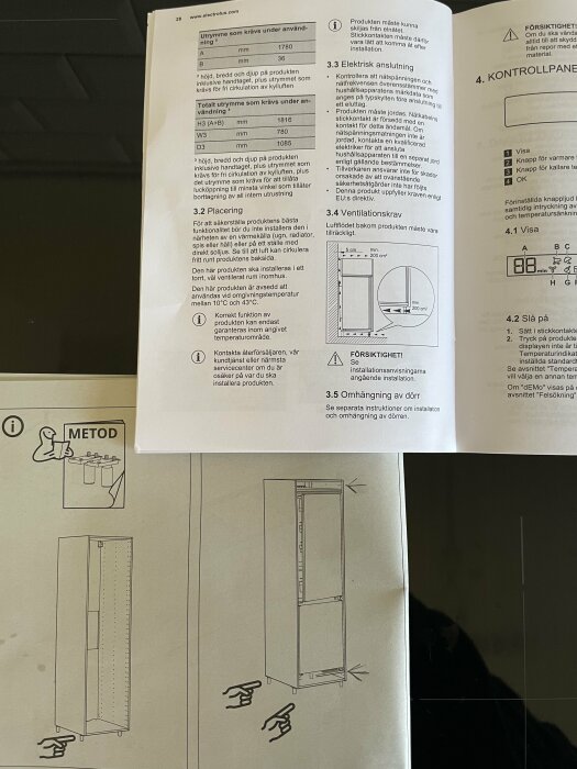 Instruktionsmanual för installation, mått, placering och säkerhetstips, med diagram och ikoner.