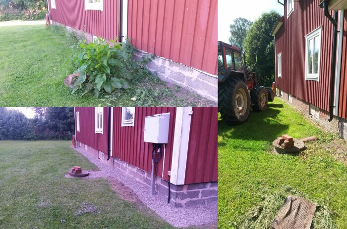 Före-och-efter-bilder, ogräsrensning längs röd husvägg, gräsmatta, traktor, grus, utomhusarbete.