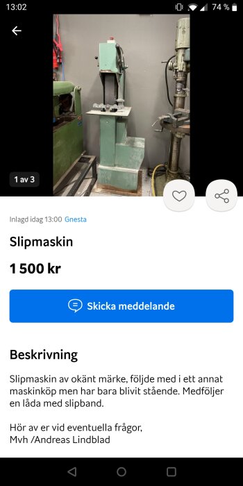 Begagnad slipmaskin till salu för 1500 kronor, okänt märke, inkluderar slippapper, står i verkstad.