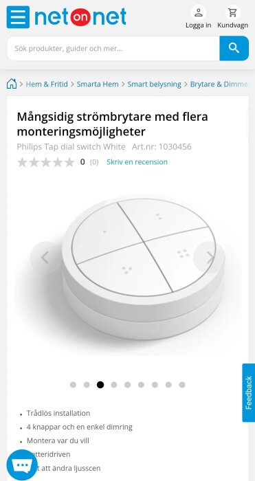 Produktsida för en Philips smart strömbrytare, vit, trådlös installation och batteridriven, onlinebutik.